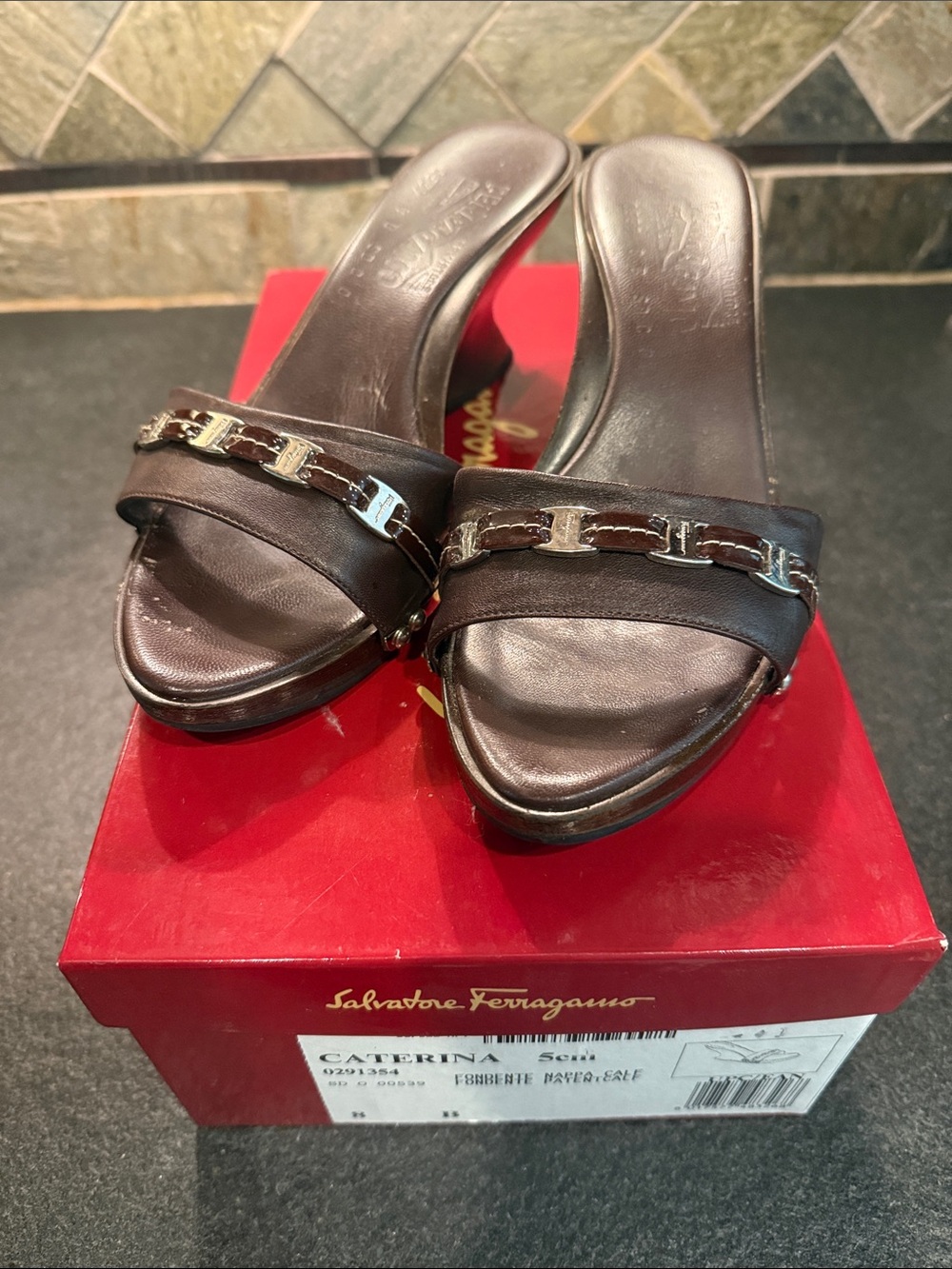 Salvatore Ferragamo Dark Brown Leather Slide Mules with Chain Trim Caterina